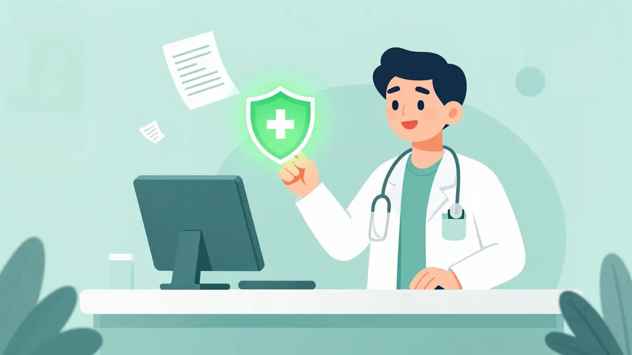 Sichere Online-Apotheke mit Zertifizierungsschild und Rezept