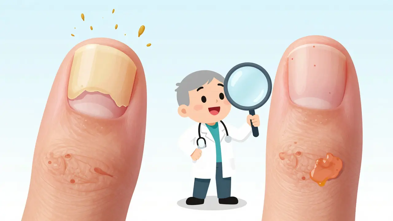 Vergleich von Nagelpilz und Psoriasis-Symptomen im Cartoon-Stil